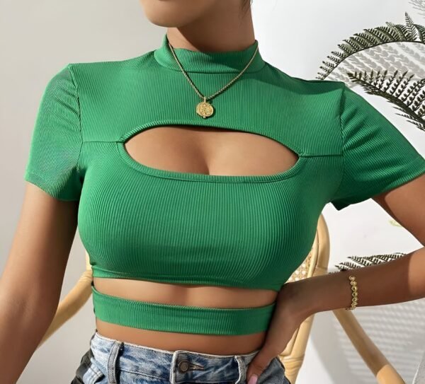 Green Cut-Out Crop Top with turtle-neck, horizontal chest cutout, and lower chest cutout - Fitted top for casual outings and parties.