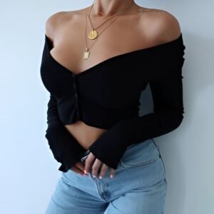 Black long sleeve crop top with buttons and off-shoulder design