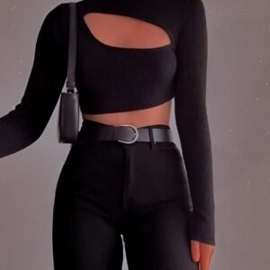 Black Cut-Out Crop Top with turtle-neck, long sleeves, and asymmetrical horizontal cutout - Fitted top for casual outings, parties, and dates.