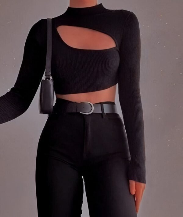 Black Cut-Out Crop Top with turtle-neck, long sleeves, and asymmetrical horizontal cutout - Fitted top for casual outings, parties, and dates.