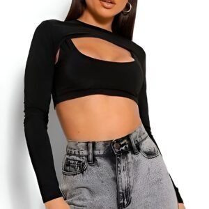 Black Cut-Out Crop Top with high neck, long sleeves, and layered design - Fitted top for parties and sunny days.