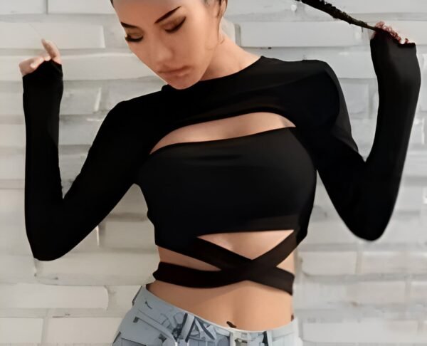 Black Cut-Out Crop Top with high neck, long sleeves, horizontal chest cutout, and crossed straps - Fitted top for parties and sunny days.