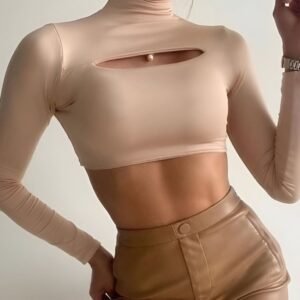 Light Beige Cut-Out Crop Top with turtle-neck, long sleeves, and subtle horizontal cutout - Fitted top for parties and sunny days.