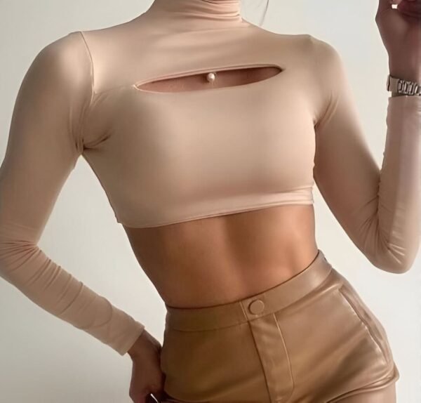 Light Beige Cut-Out Crop Top with turtle-neck, long sleeves, and subtle horizontal cutout - Fitted top for parties and sunny days.