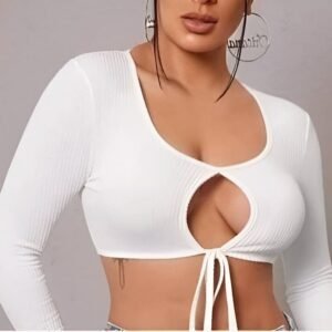 White bow top with long sleeves, pronounced neckline, and round cutout in the chest