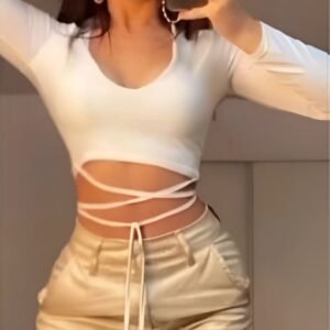 White long sleeve crop top with side straps