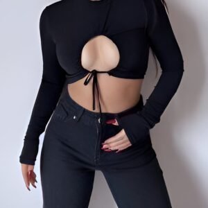 Black Keyhole Top with high neck, long sleeves, and a large round cutout with tie details - Fitted crop top for parties and dates.