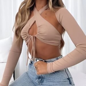 Beige long-sleeve halter top with adjustable neckline