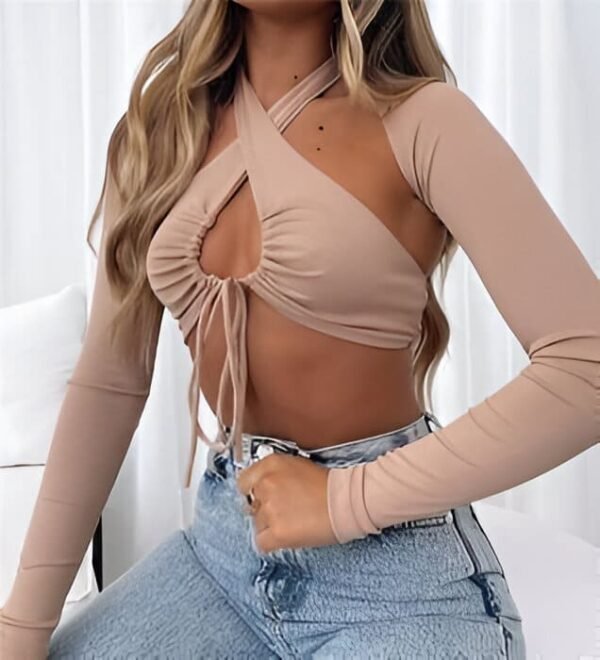 Beige long-sleeve, Long Sleeve Halter Crop Top with adjustable neckline