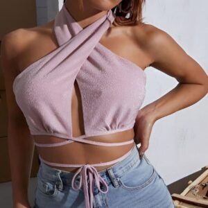 Pink halter top with cross-neck design and adjustable wrap-around straps