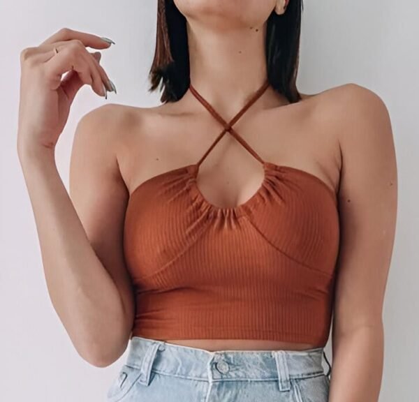 Brown halter top with cross-neck design and simple style