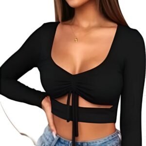 Black bow top with long sleeves, pronounced neckline, and thin straps in the chest