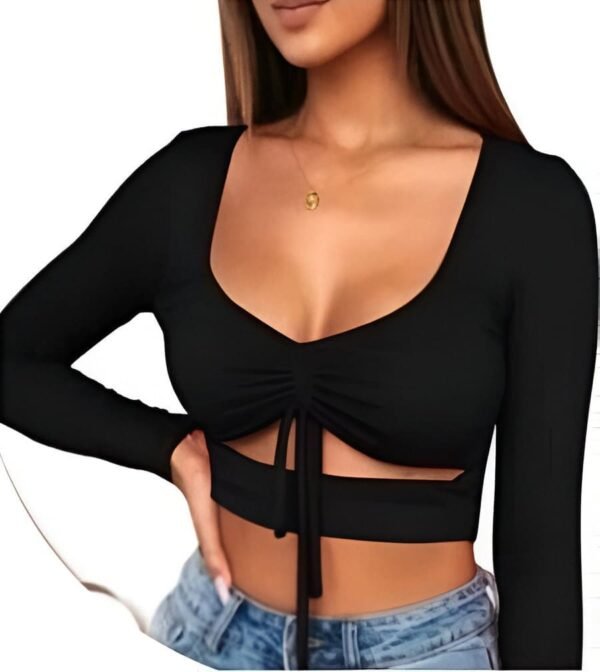 Black bow top with long sleeves, pronounced neckline, and thin straps in the chest