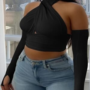 Black halter top with cross-neck design and long separate sleeves