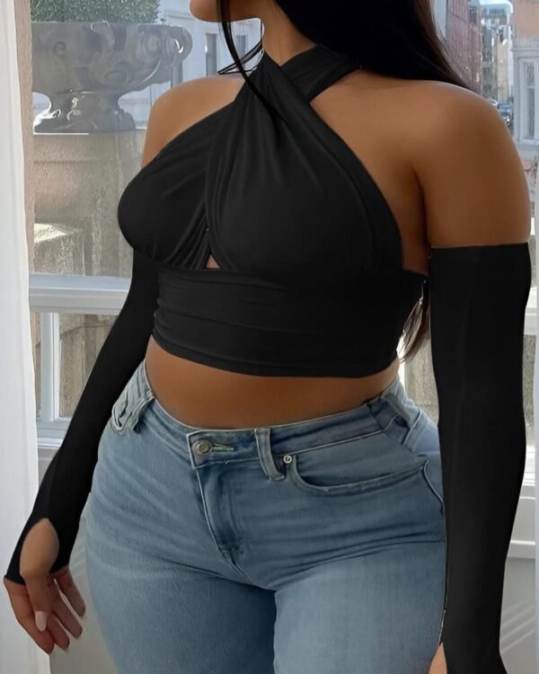 Black halter top with cross-neck design and long separate sleeves