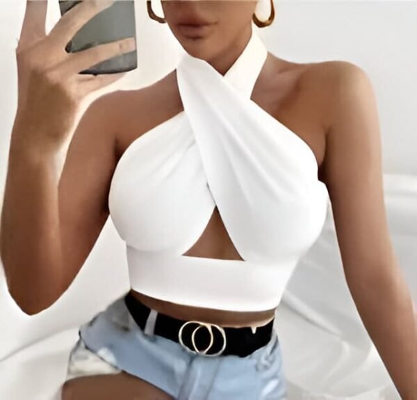 White halter top with deep neckline and crisscross neck design