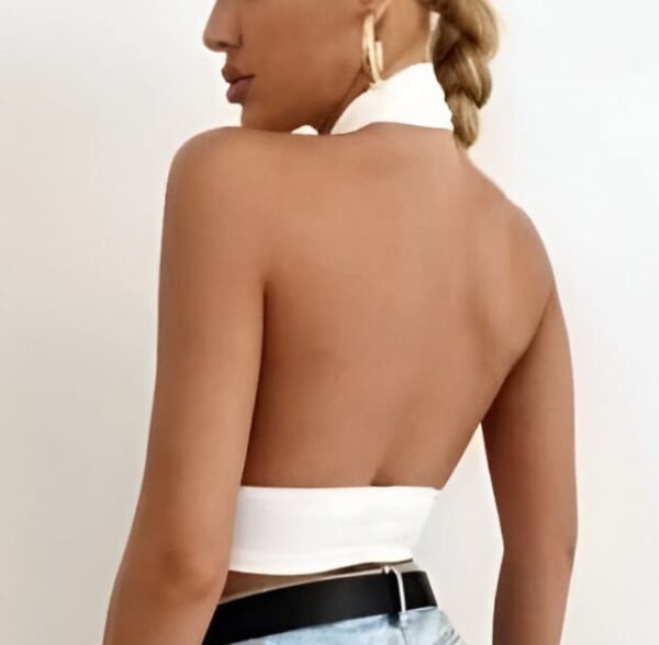 White halter top with deep neckline and crisscross neck design