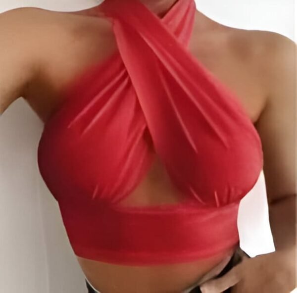 Red halter top with deep neckline and crisscross neck design