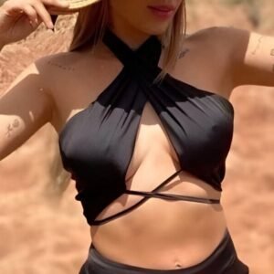 Black halter top with deep neckline and crisscross neck design