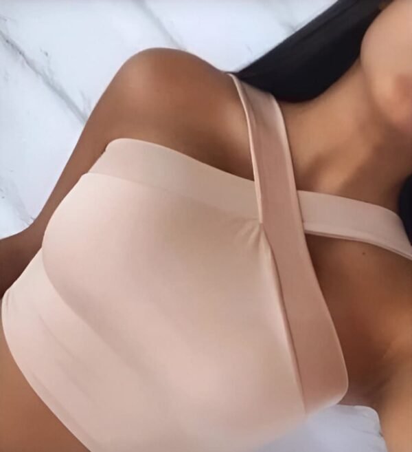 Pink high-neck halter top with crisscross neck straps