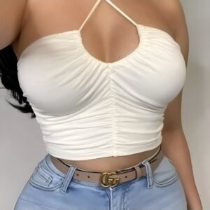 White halter top with slight deep neckline and crisscross neck straps