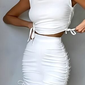 White mini pencil skirt and sleeveless crop-top set with adjustable length