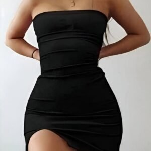 Black off-shoulder mini dress with no sleeves and a simple neckline