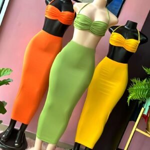 Orange, yellow or green midi pencil skirt and spaghetti strap crop-top set with a pronounced neckline