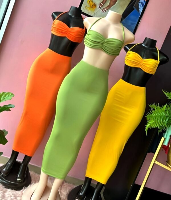 Orange, yellow or green midi pencil skirt and spaghetti strap crop-top set with a pronounced neckline