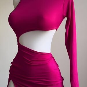 Fuchsia one-shoulder mini dress with asymmetrical abdominal cutout