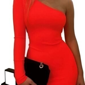 Reddish Orange one-shoulder mini dress with long sleeve