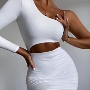 White one-shoulder mini dress with long sleeve and asymmetric cutout