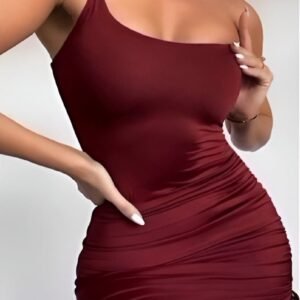 Wine red one-shoulder mini dress with thin strap and adjustable side ties