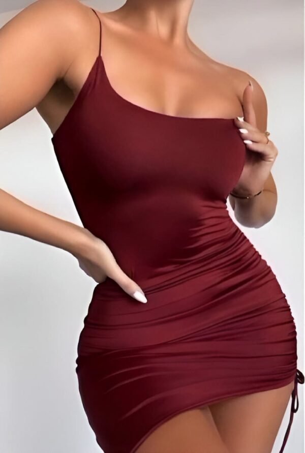 Wine red one-shoulder mini dress with thin strap and adjustable side ties