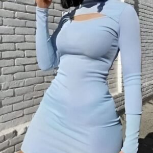 Sky-blue mini dress with long sleeves and turtleneck