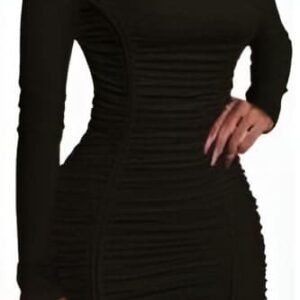 Black mini dress with long sleeves and high neckline