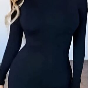 Black mini dress with long sleeves and high neck