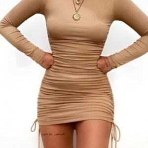 Beige mini dress with long sleeves and high neckline