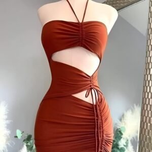 Red halter mini dress with crisscross straps and side cutouts