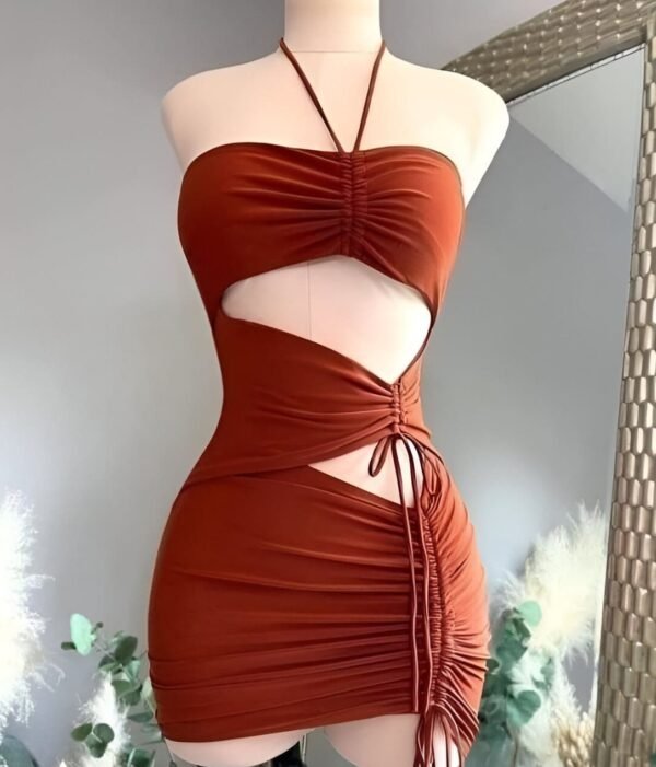 Red halter mini dress with crisscross straps and side cutouts