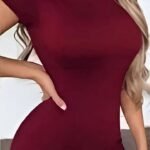 Red-wine mini dress with short sleeves and high neck