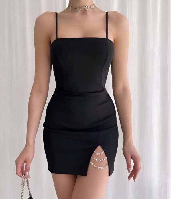 Black mini dress with thin straps and side slit