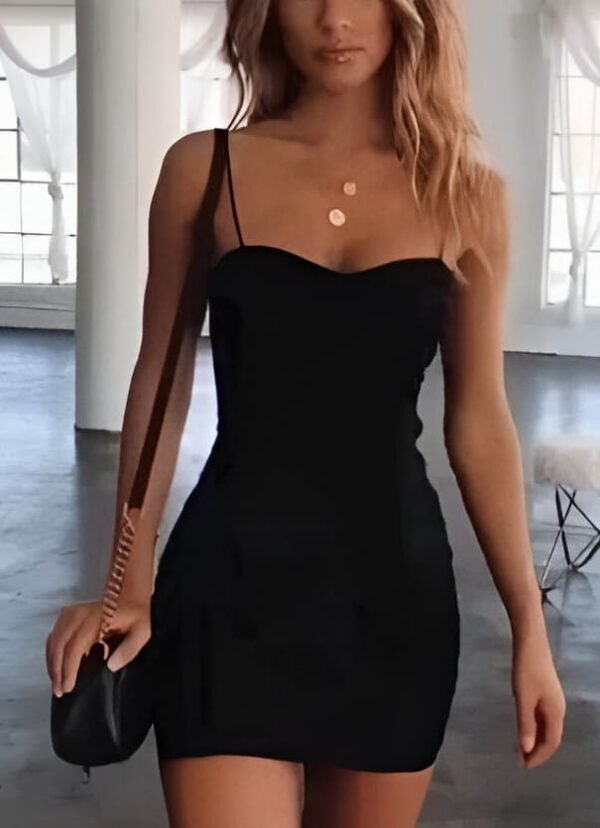 Black mini dress with deep neckline and thin straps