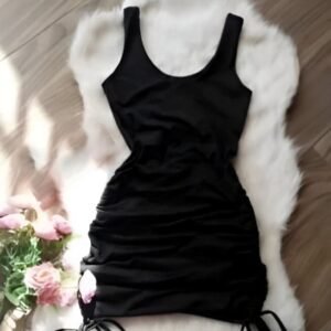 Black tank mini dress with thick straps and adjustable sides