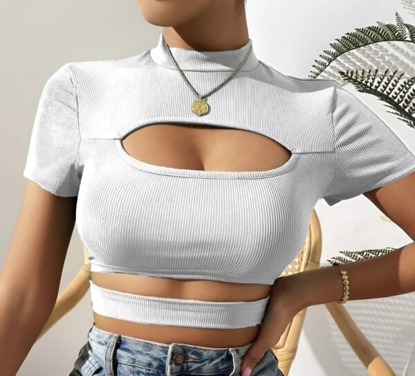 White Cut-Out Crop Top with turtle-neck, horizontal chest cutout, and lower chest cutout - Fitted top for casual outings and parties.