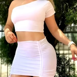 White mini pencil skirt and one-shoulder top set with adjustable length