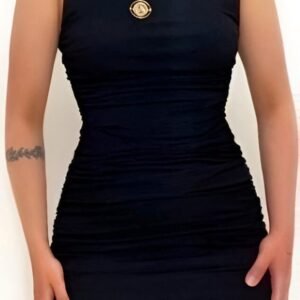 Black sleeveless mini dress with high neck