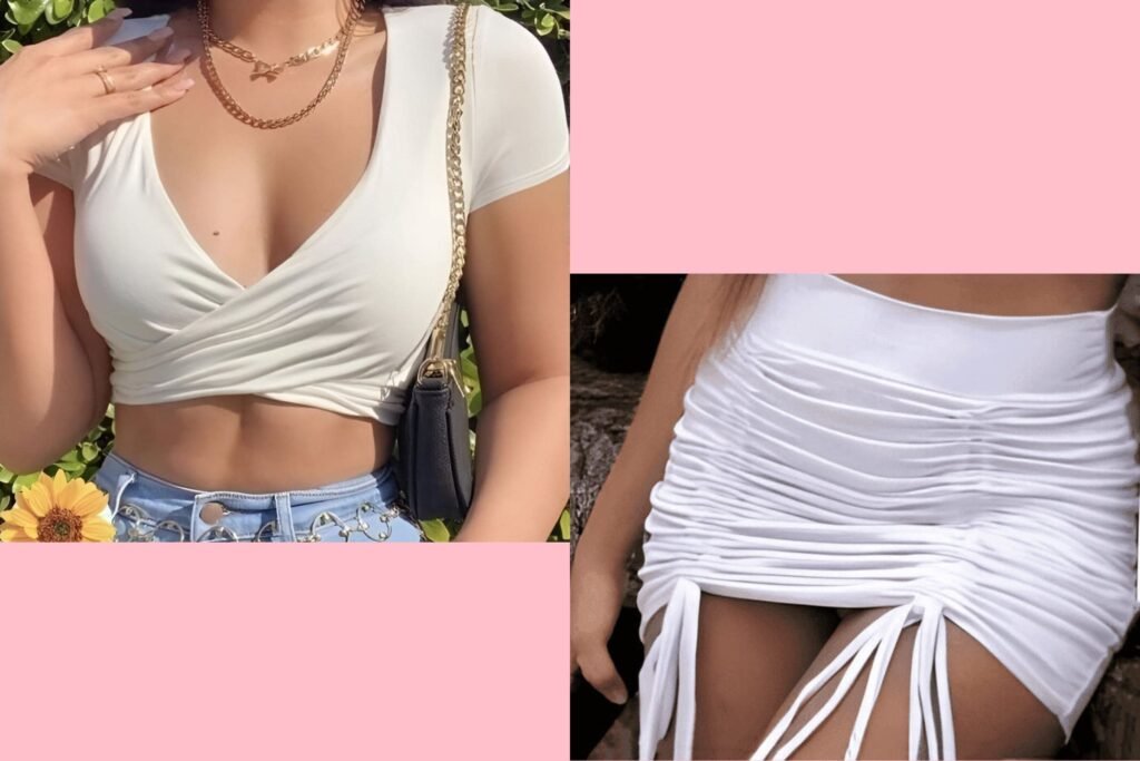 Model wearing Lavender Wrap Top with white mini skirt, Summer 2025 look